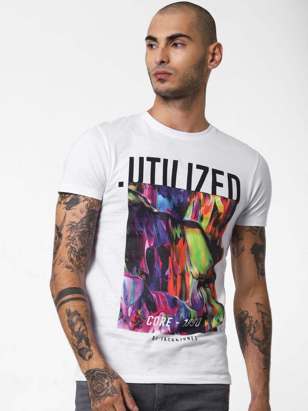 

Jack Jones Men White Slim Fit Printed Round Neck Pure Cotton T-shirt