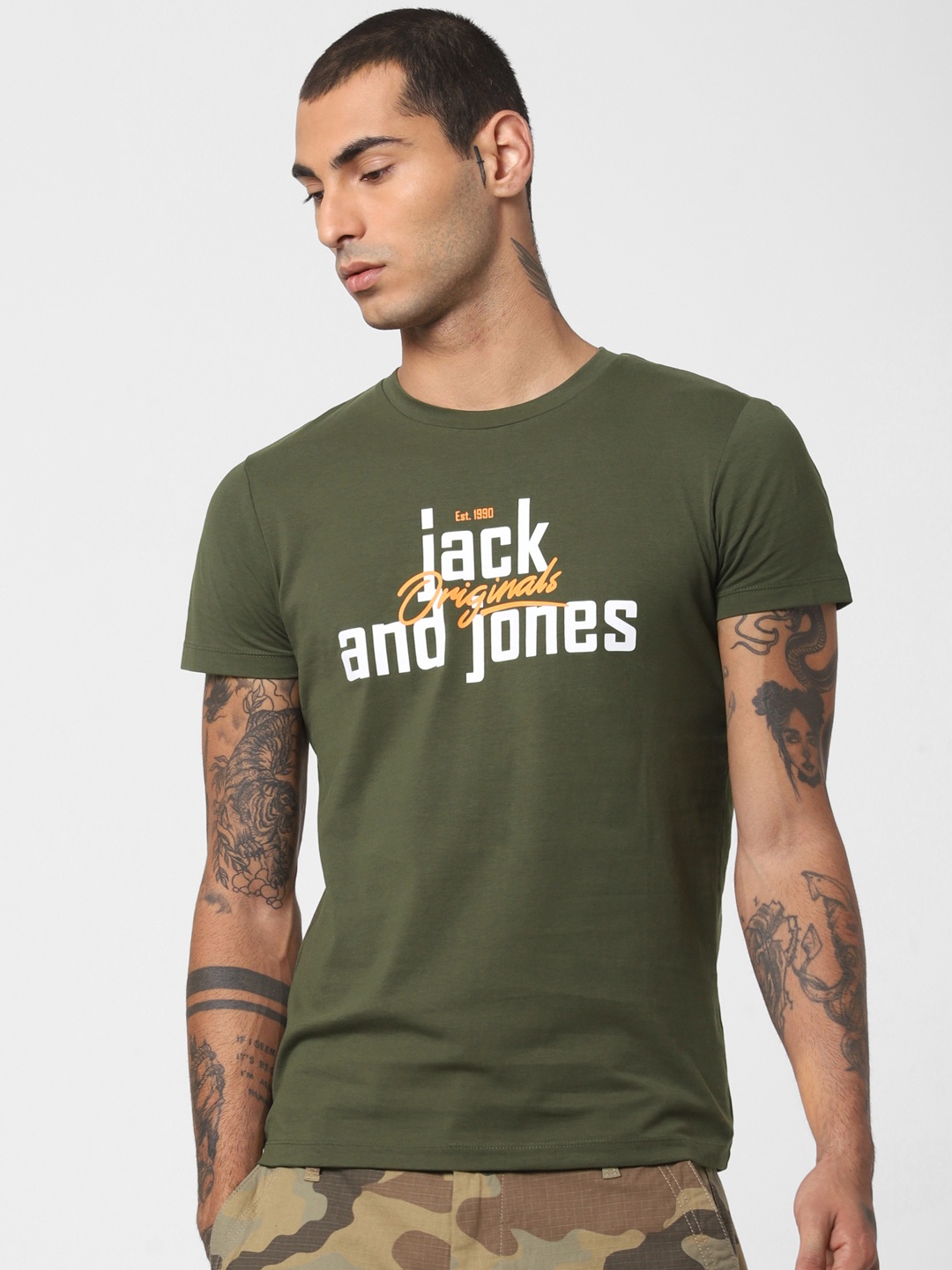 

Jack Jones Men Olive Green Printed Round Neck Pure Cotton T-shirt