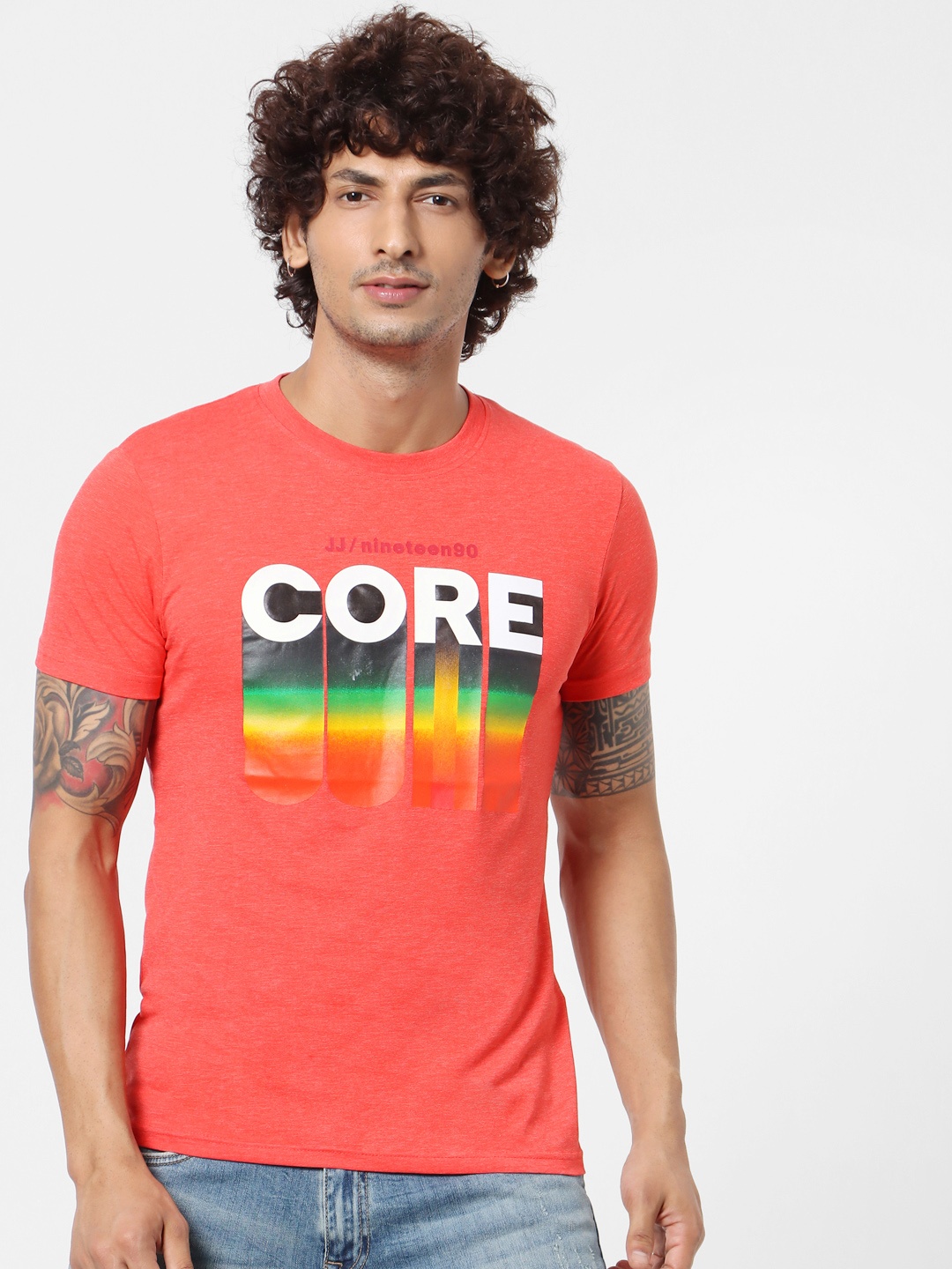 

Jack & Jones Men Coral Red & White Printed Round Neck Slim Fit Sustainable T-shirt