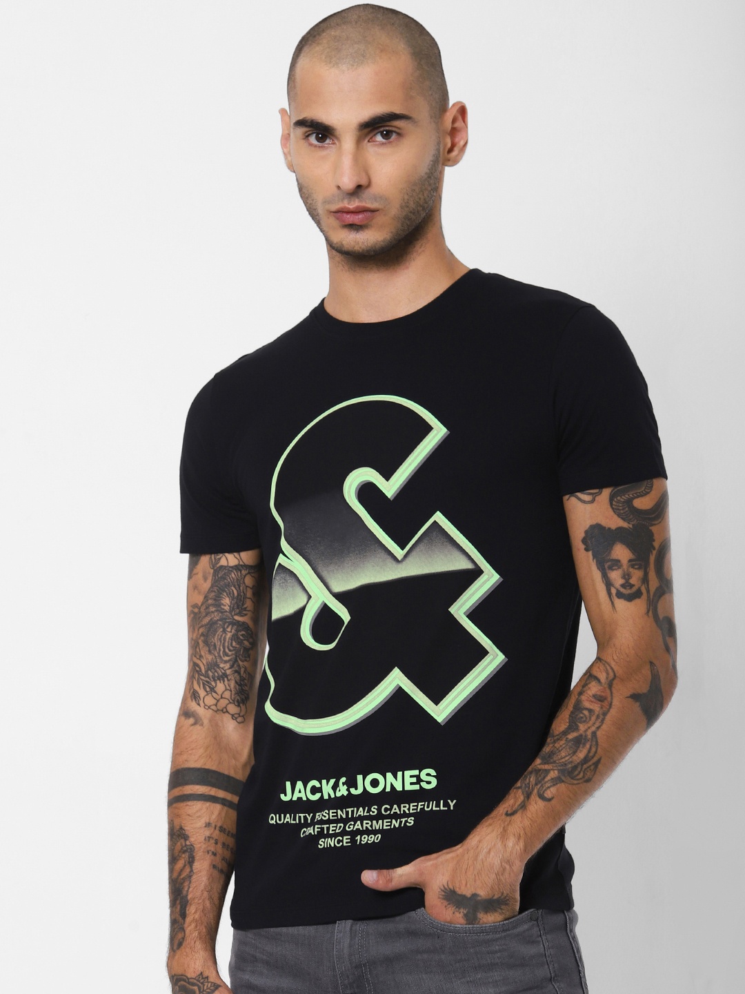 

Jack Jones Men Black Slim Fit Printed Round Neck Pure Cotton T-shirt