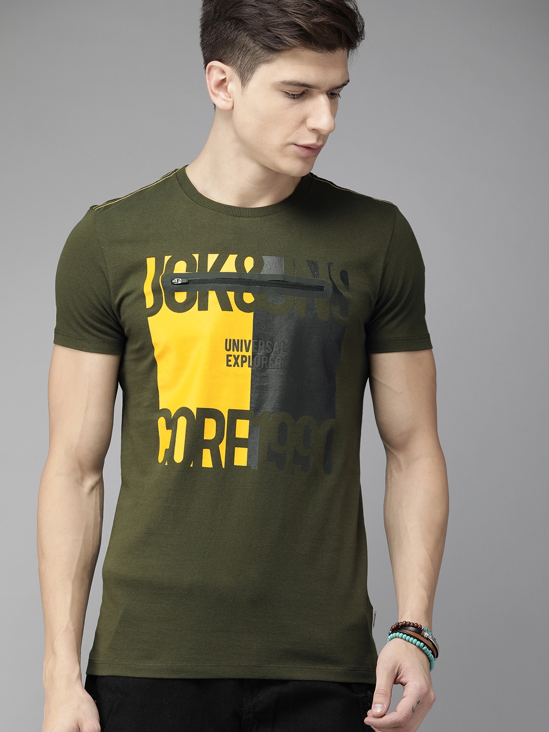

Jack Jones Men Olive Green Slim Fit Printed Round Neck Pure Cotton T-shirt