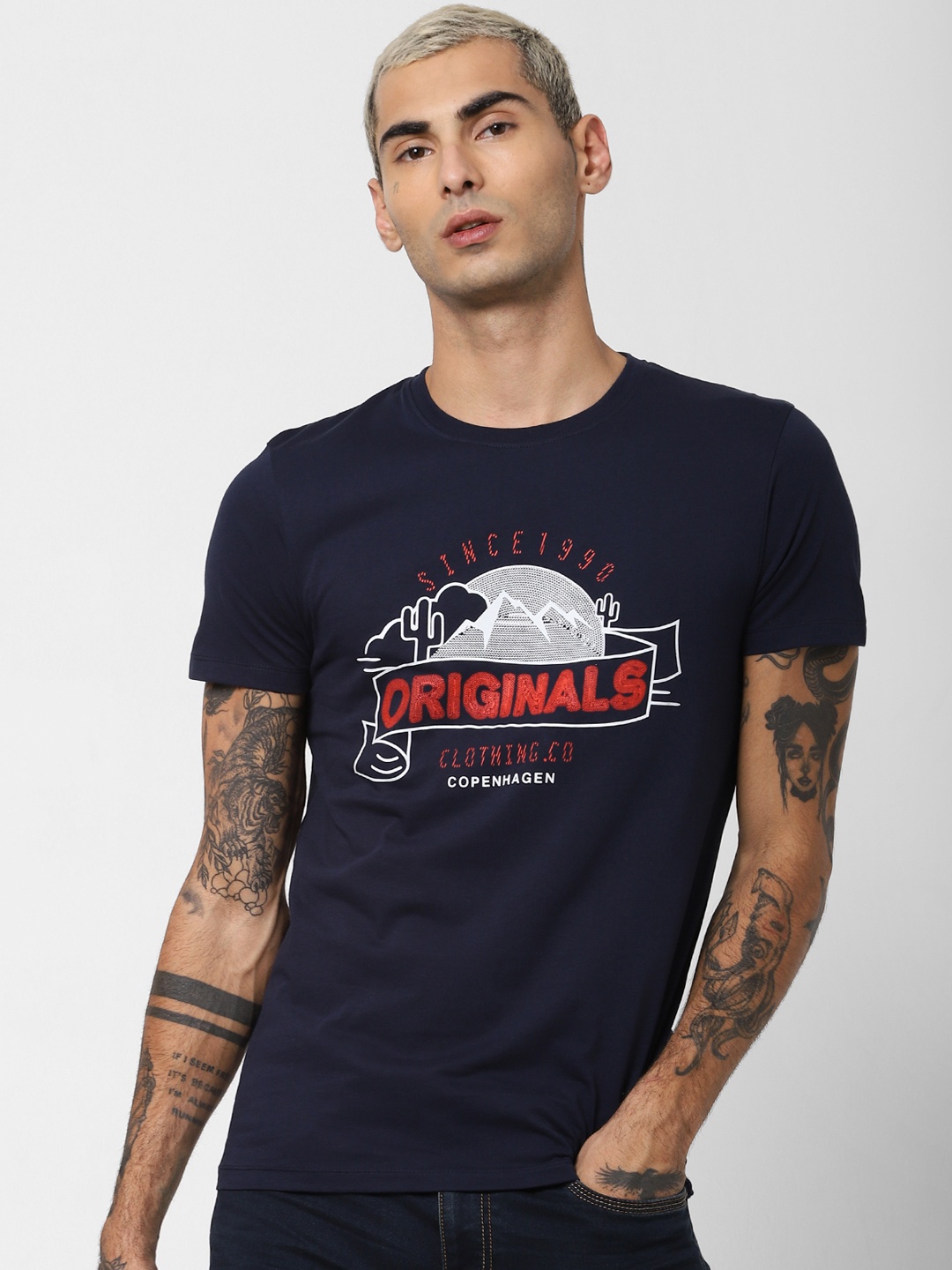 

Jack Jones Men Navy Blue Printed Round Neck Sustainable Pure Cotton T-shirt