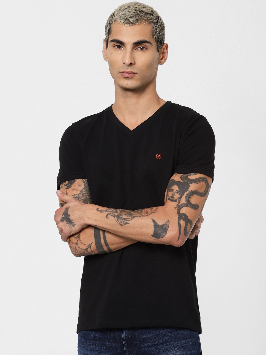 

Jack Jones Men Black Slim Fit Solid V-Neck Sustainable Pure Cotton T-shirt
