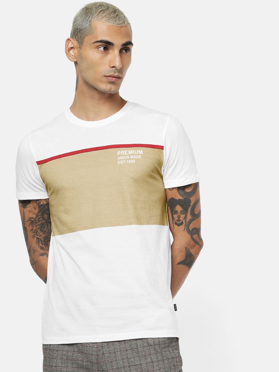 

Jack Jones Men White Beige Slim Fit Colourblocked Round Neck Pure Cotton T-shirt