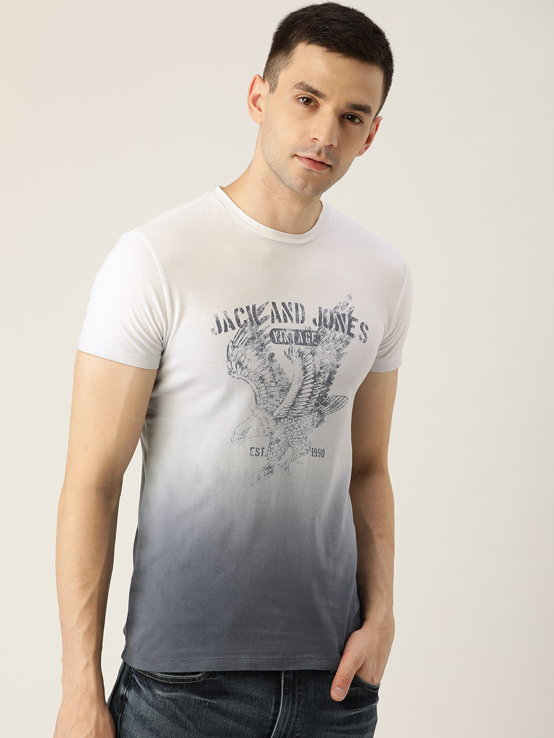 

Jack & Jones Men White & Grey Printed Round Neck T-shirt