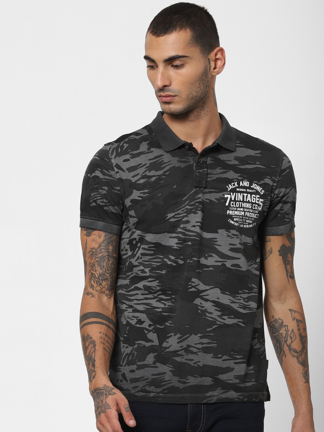 

Jack Jones Men Black Grey Printed Polo Collar Sustainable Pure Cotton T-shirt