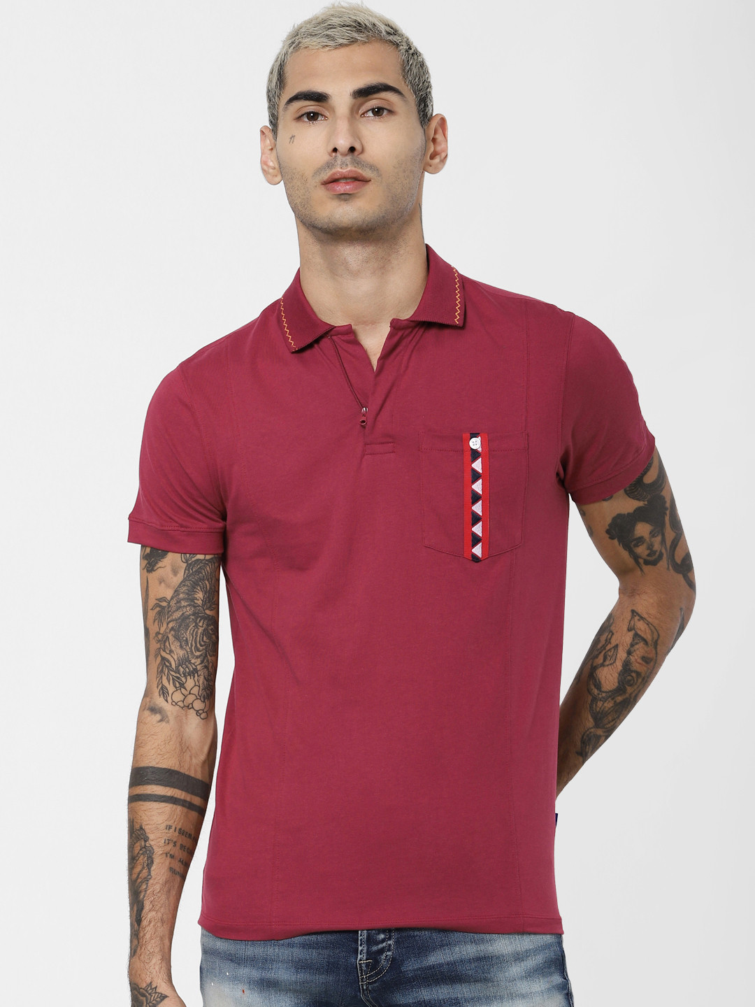 

Jack Jones Men Burgundy Slim Fit Solid Polo Collar Sustainable Pure Cotton T-shirt