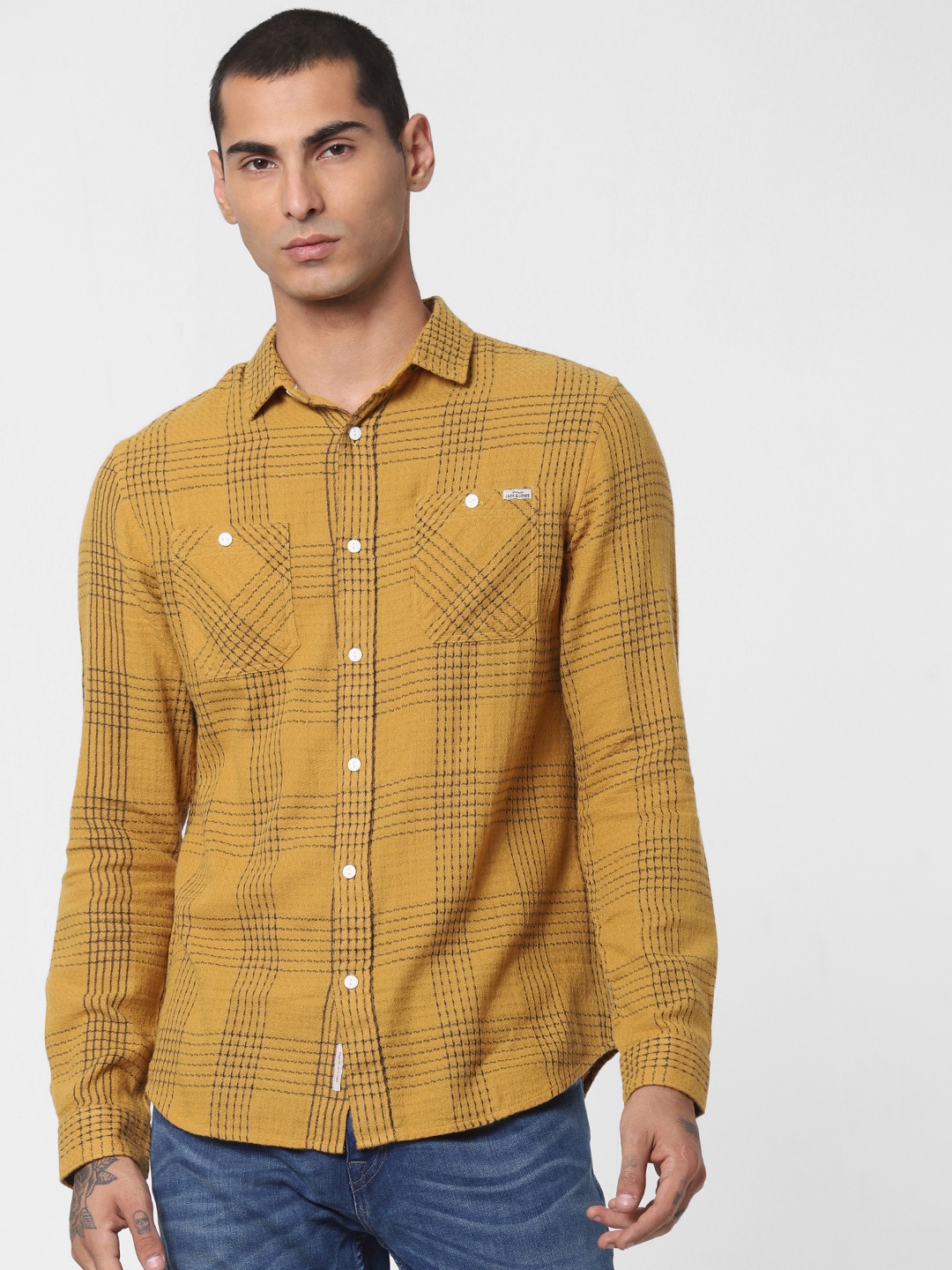 

Jack & Jones Men Mustard Yellow & Navy Blue Regular Fit Checked Casual Shirt