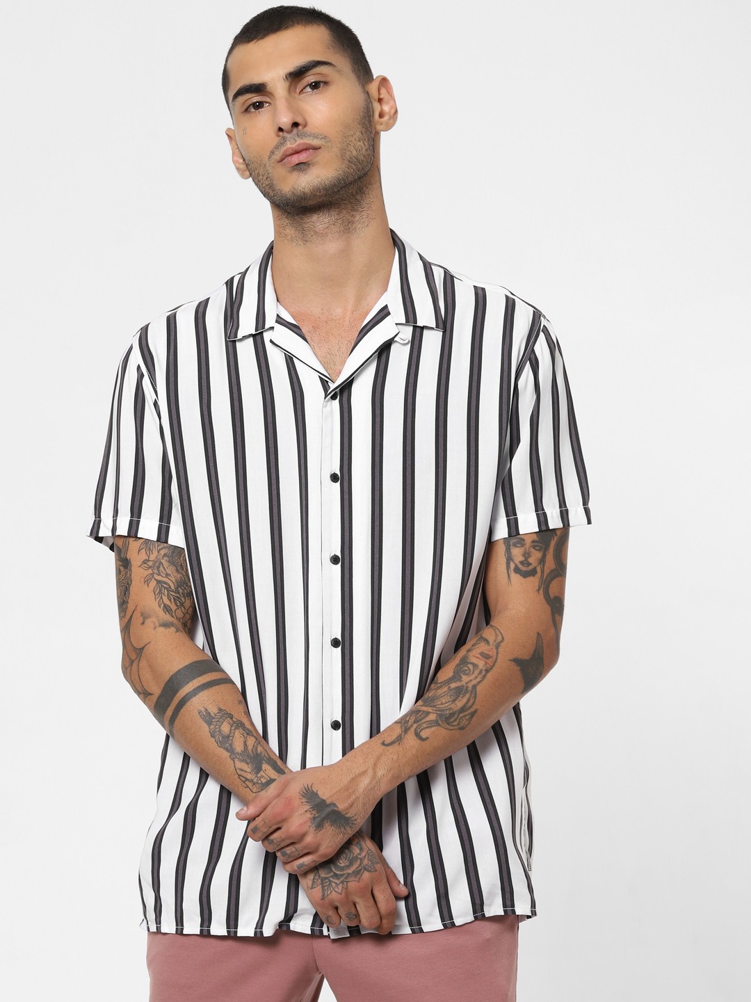 

Jack & Jones Men White & Black Regular Fit Striped Cuban Collar Casual Sustainable Shirt