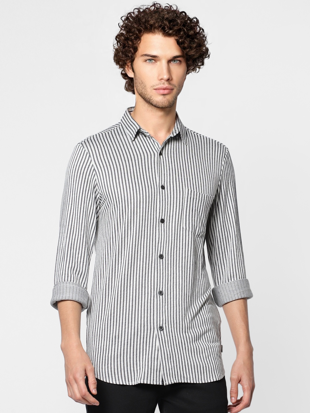 

Jack & Jones Men Black & White Striped Slim Fit Casual Sustainable Shirt