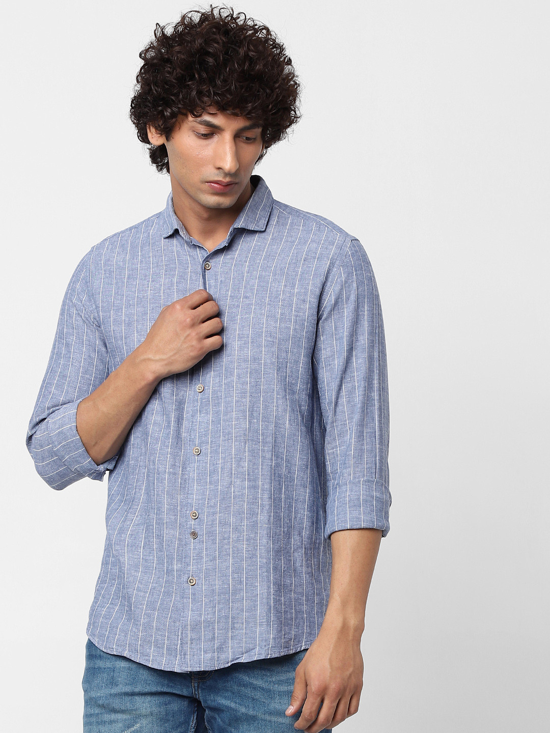

Jack & Jones Men Blue Regular Fit Striped Casual Sustainable Shirt