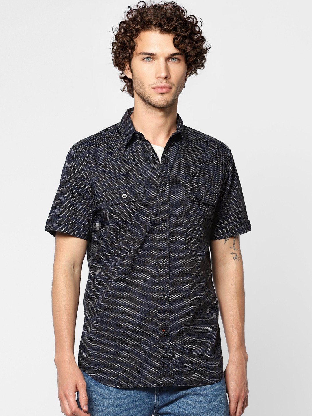

Jack & Jones Men Navy Blue & Grey Regular Fit Printed Casual Shirt