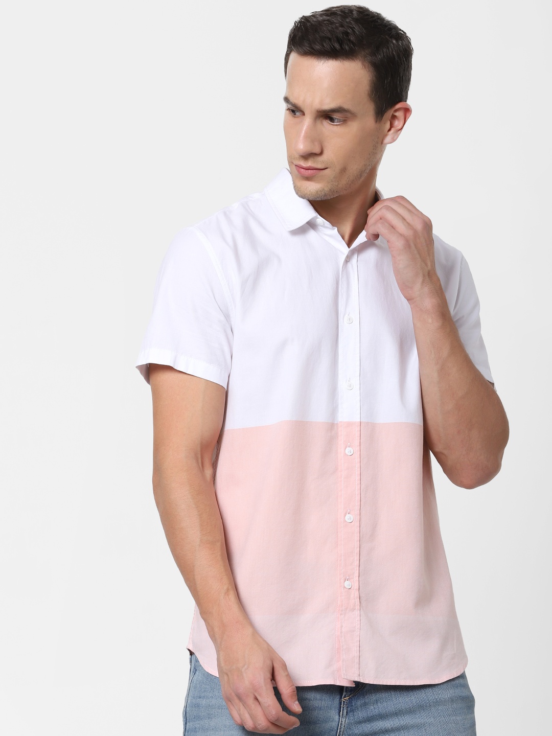 

Jack & Jones Men Pink & White Slim Fit Colourblocked Casual Shirt