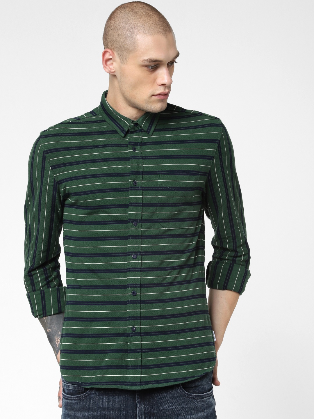 

Jack & Jones Men Green & Navy Blue Slim Fit Striped Casual Shirt