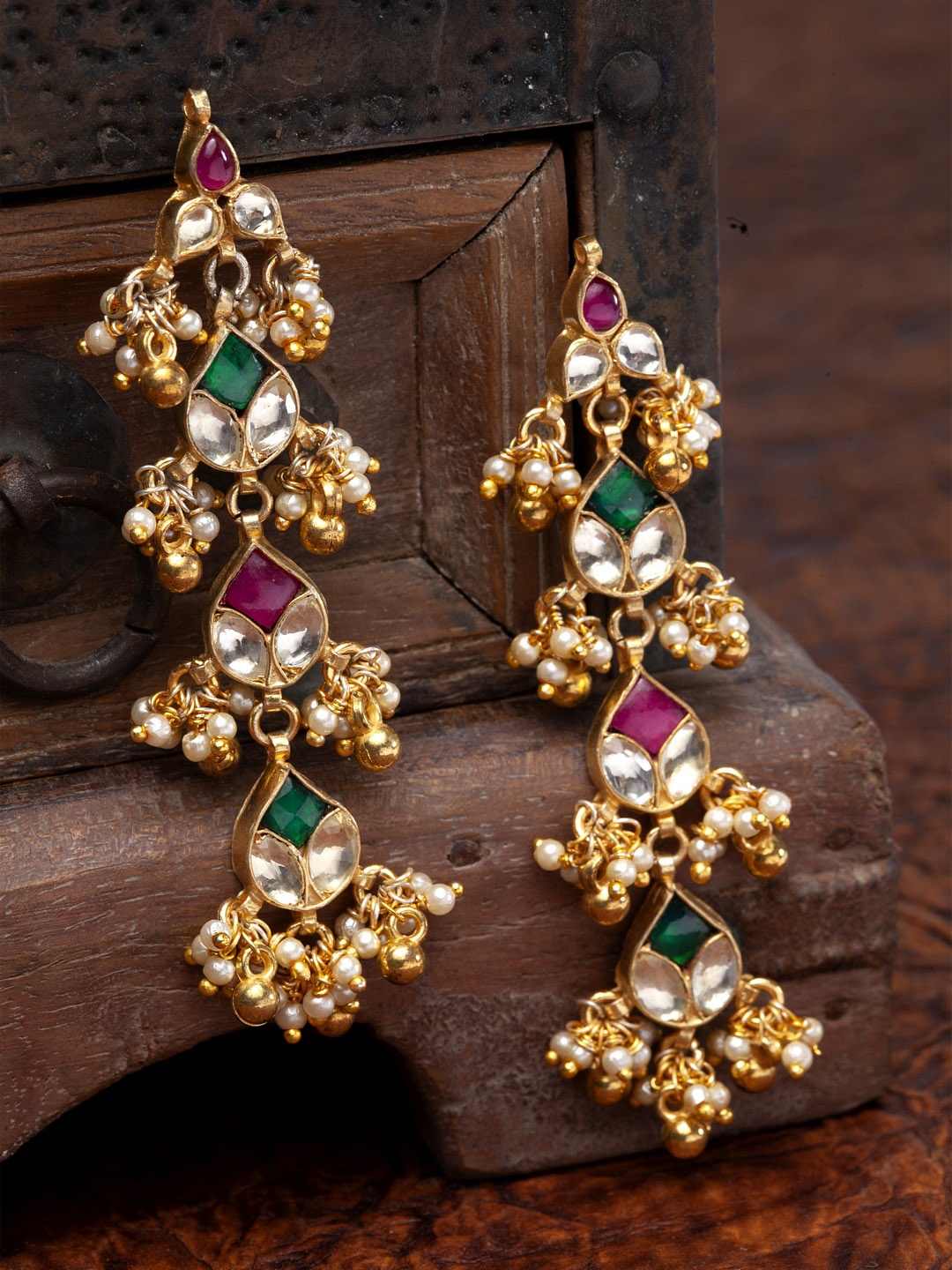 

PANASH Gold-Plated & Green Kundan Handcrafted Classic Drop Earrings