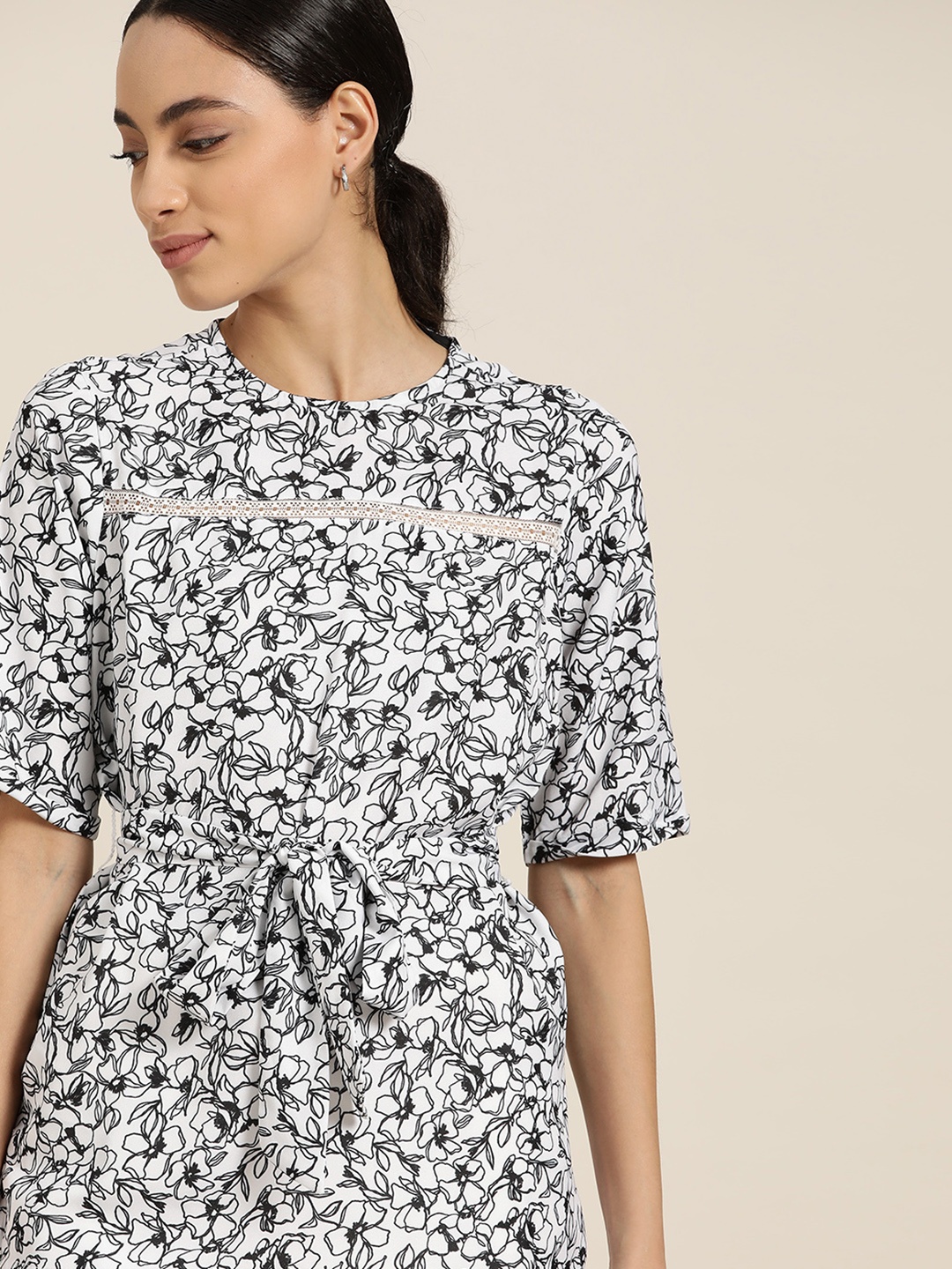 

her by invictus Women White & Black Printed Cinched Waist Top