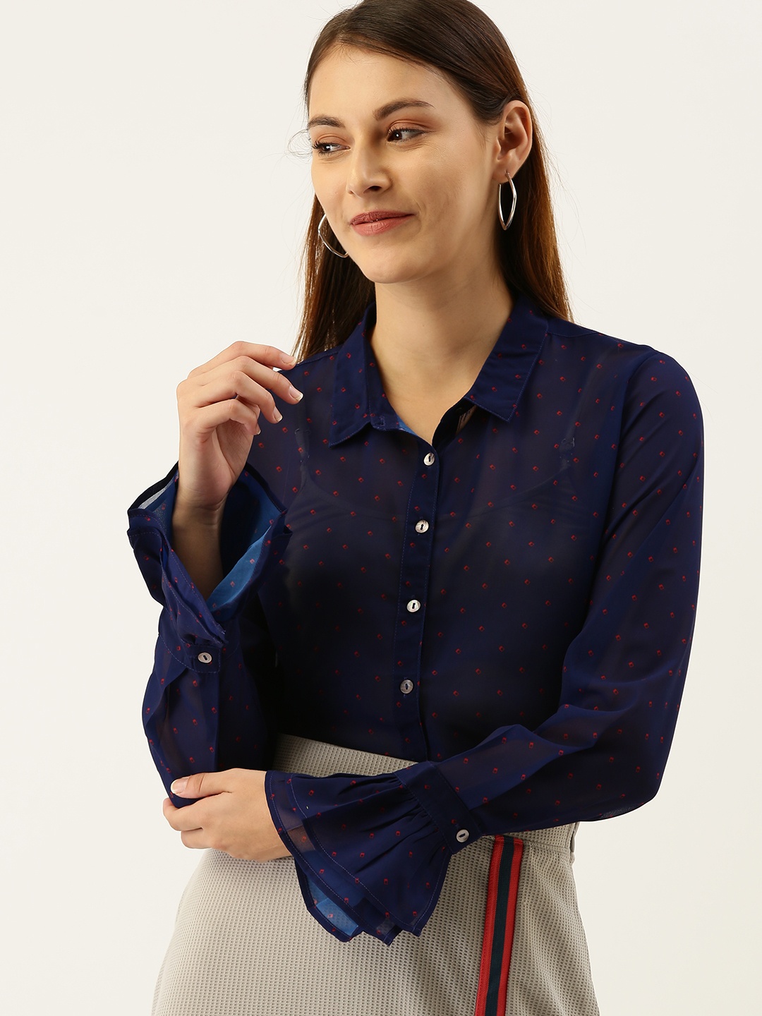 

her by invictus Women Navy Blue Regular Fit Printed Smart Casual Shirt