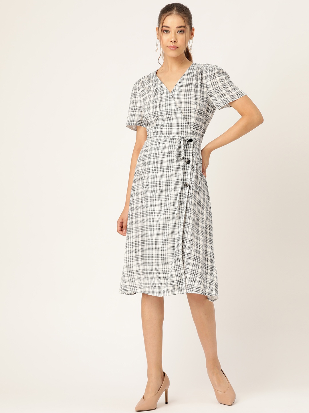 

her by invictus Women White & Black Checked Wrap Dress