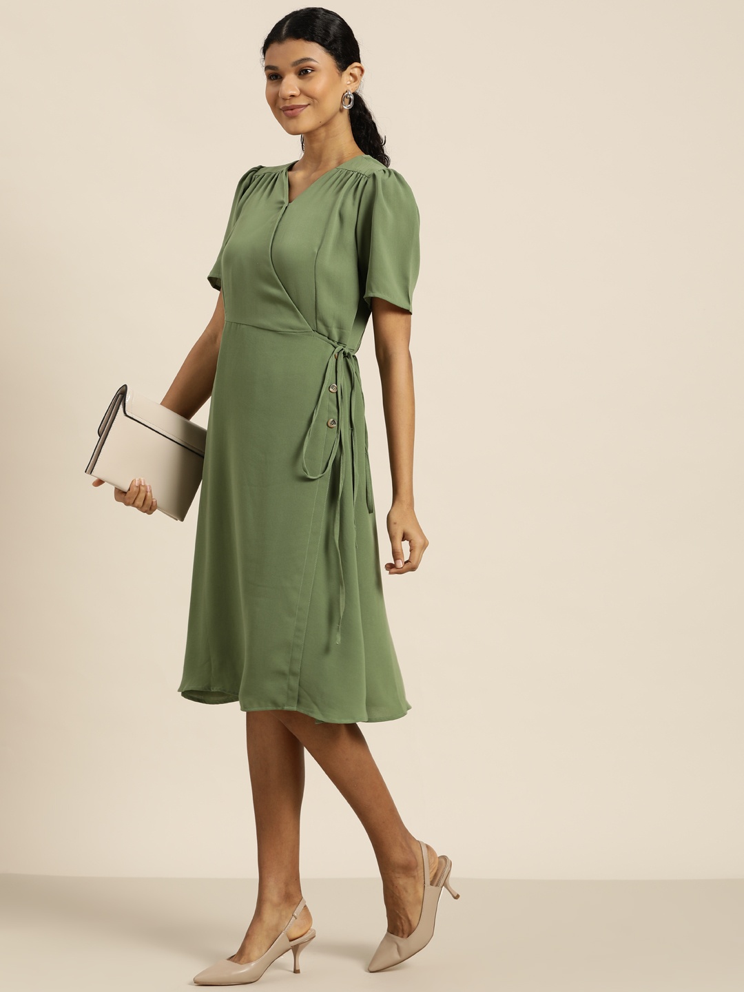 

her by invictus Women Olive Green Solid Wrap Dress