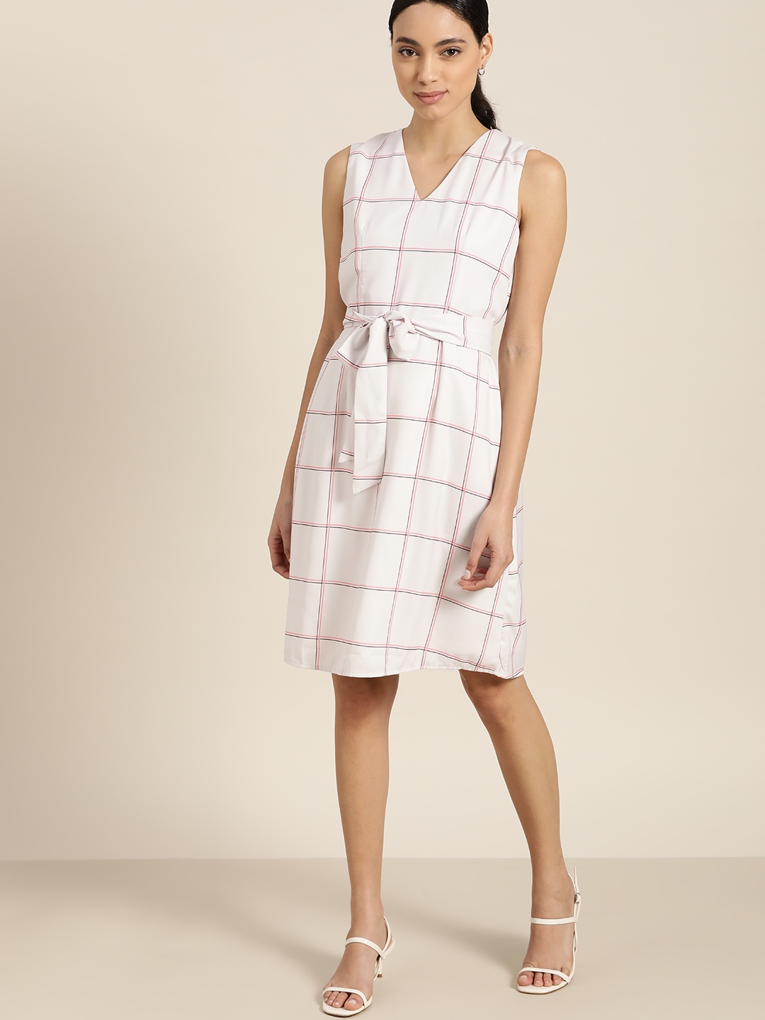 

her by invictus Women White & Pink Checked A-Line Dress