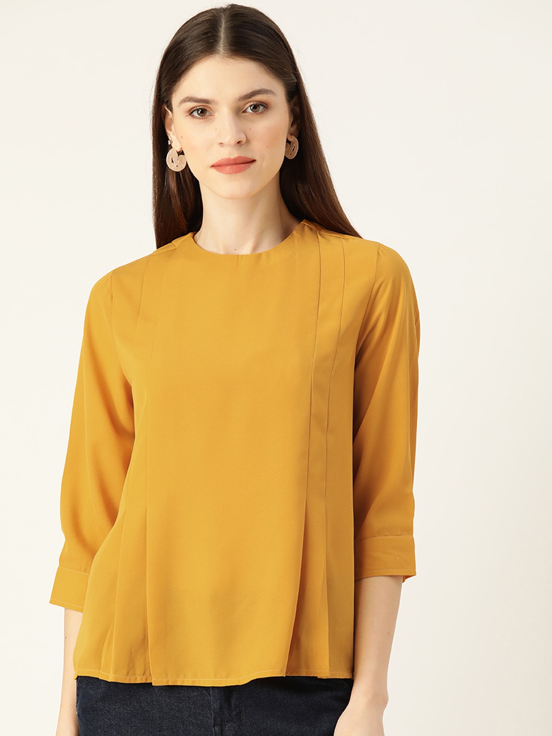 

her by invictus Women Mustard Yellow Pleated Solid A-LIne Top