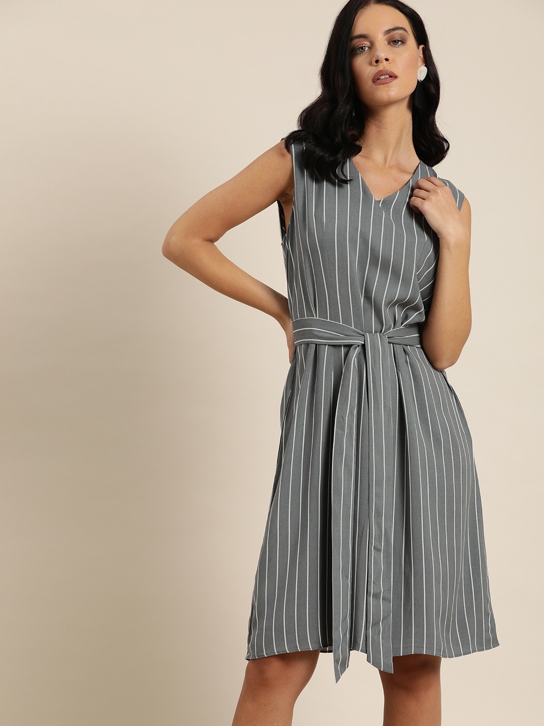 

her by invictus Women Grey & White Striped A-Line Dress