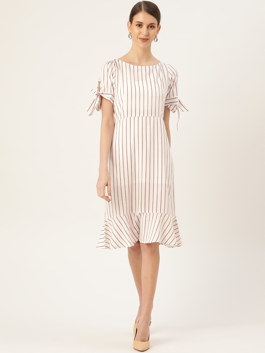 

her by invictus Women White & Maroon Striped A-Line Dress