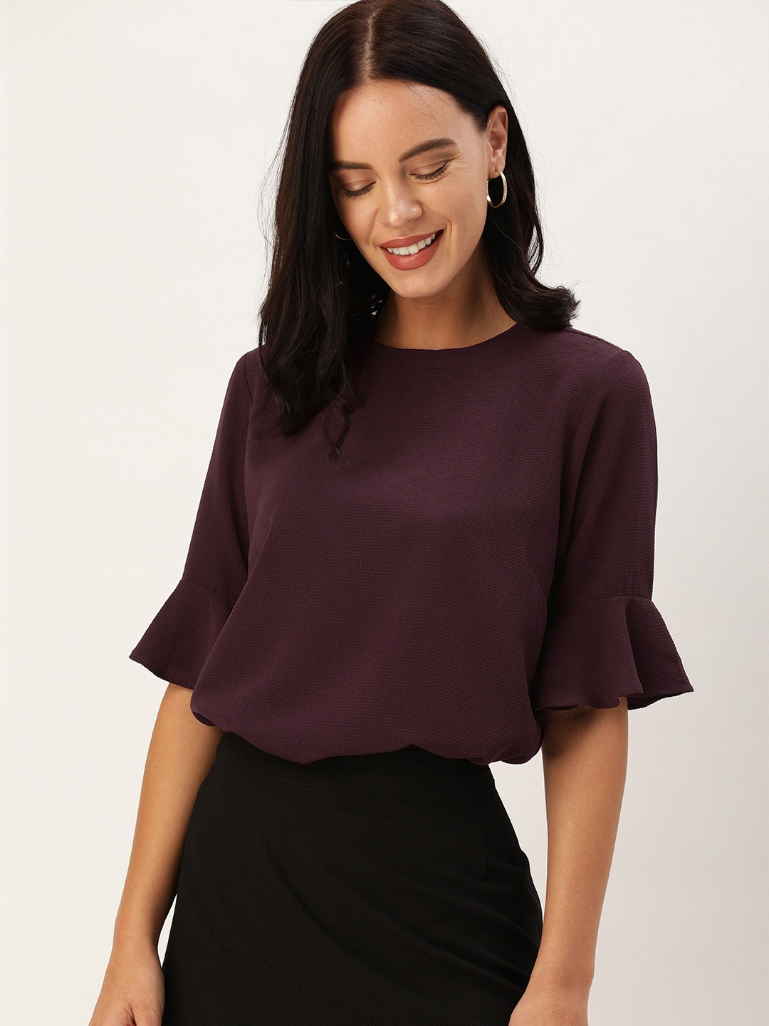 

her by invictus Women Burgundy Solid Top With Bell Sleeves