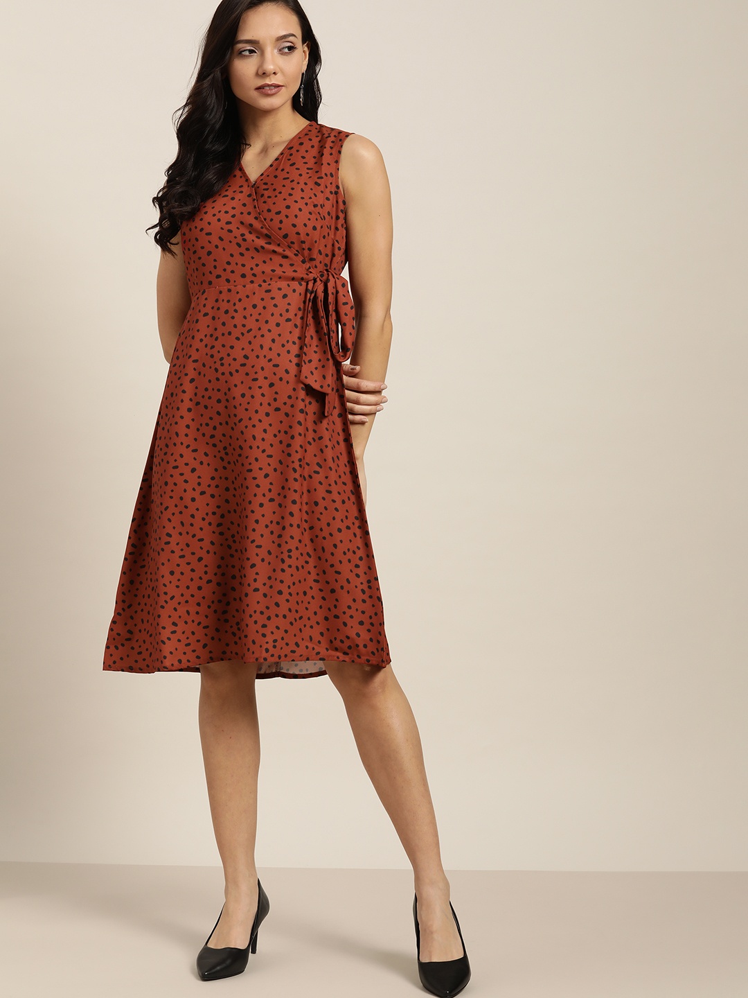 

her by invictus Women Rust Orange & Black Printed Wrap Dress