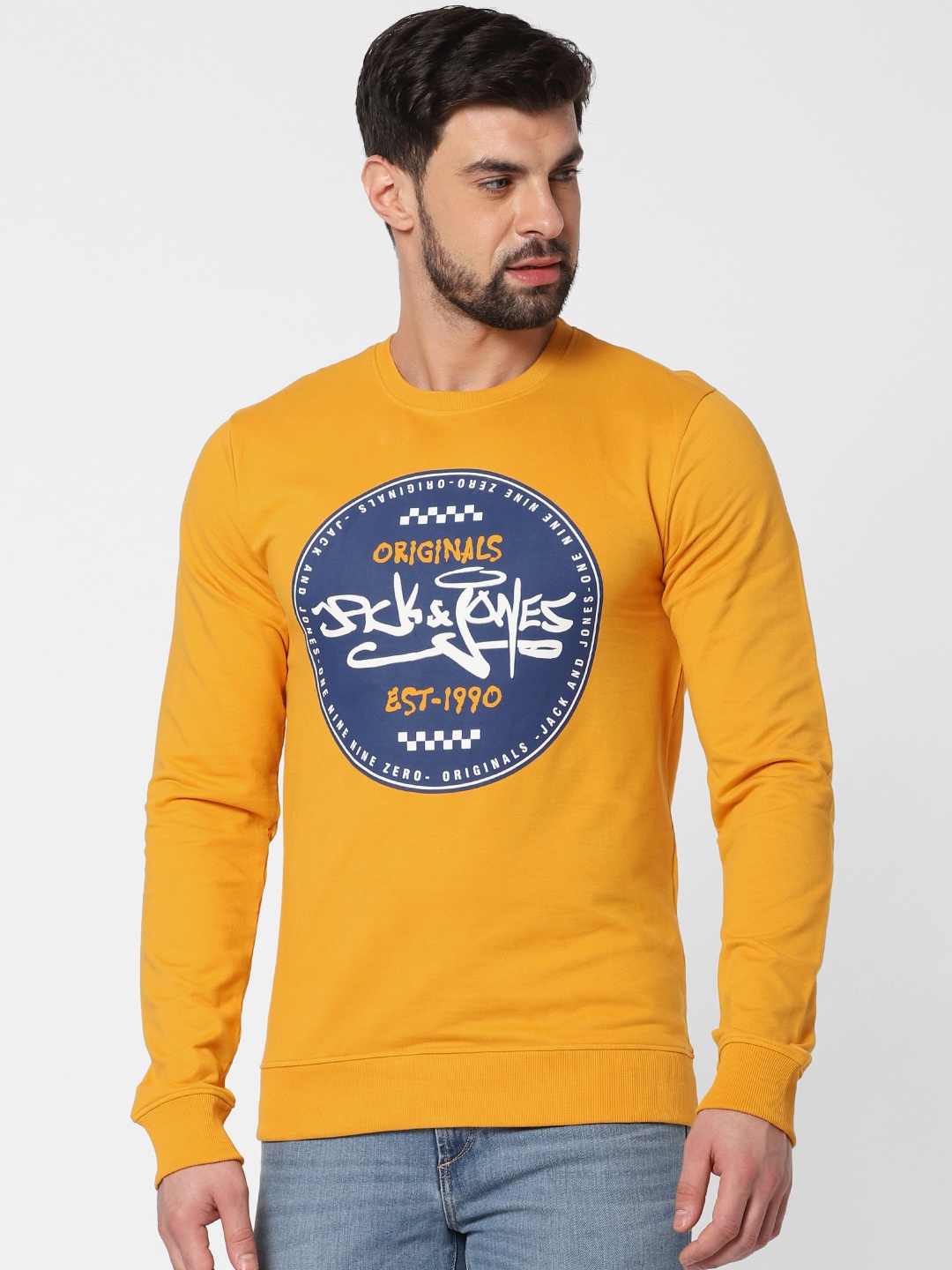 

Jack & Jones Men Mustard Yellow Printed Sweatshirt