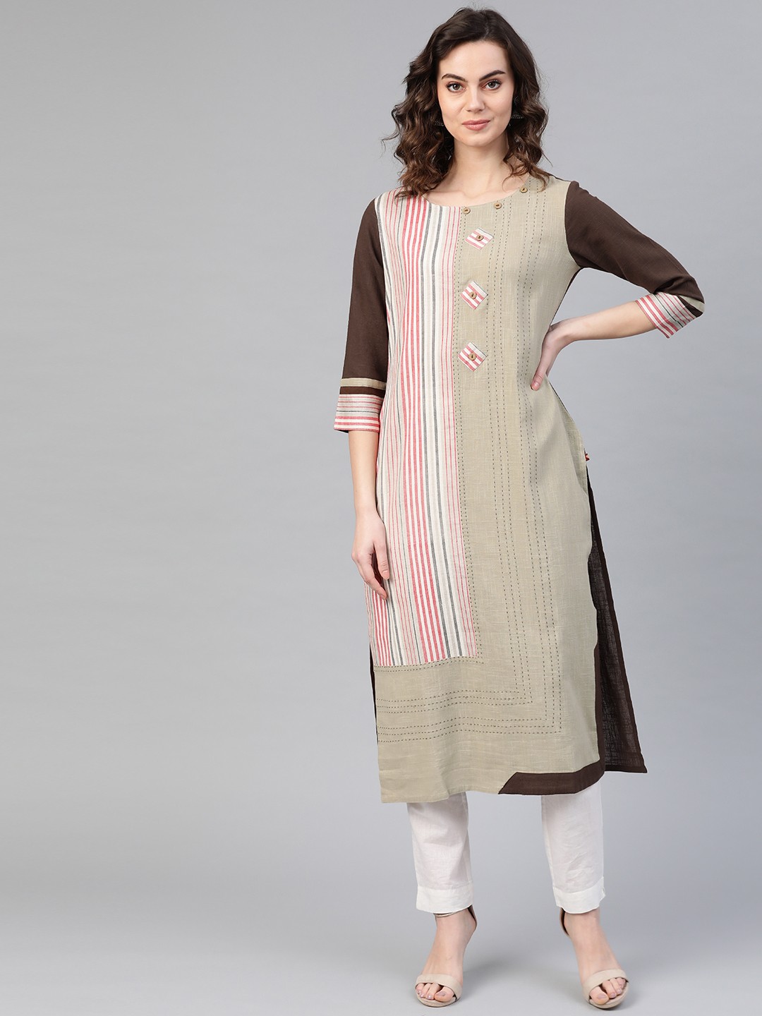 

KSUT Women Green & Red Striped Straight Kurta