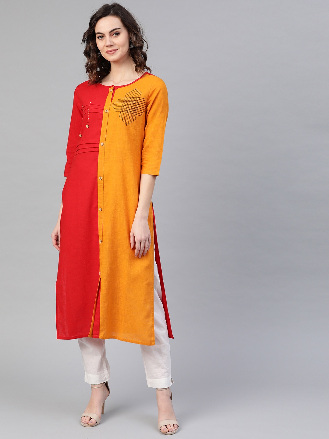 

KSUT Women Red & Mustard Yellow Colourblocked Straight Kurta