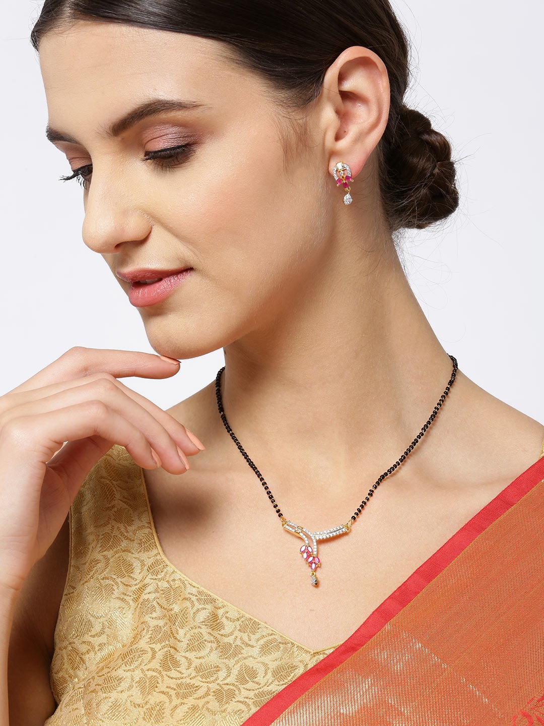 

Priyaasi Black Gold-Plated Stone-Studded Mangalsutra with Earrings Set