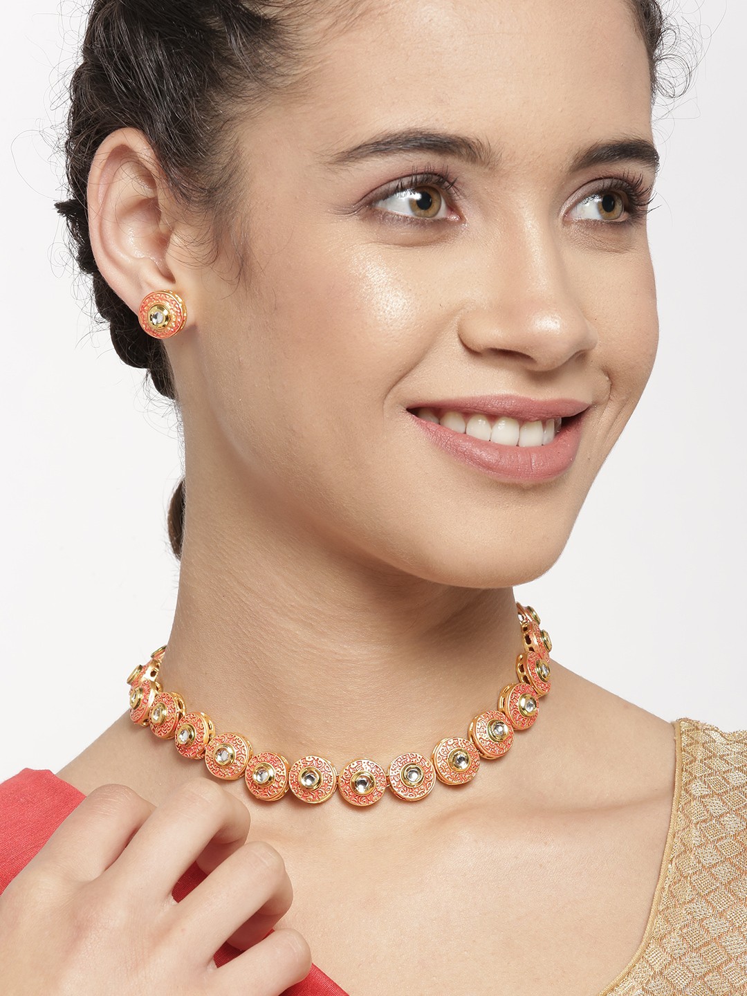 

Priyaasi Red Gold-Plated Kundan-Studded Meenakari Jewellery Set