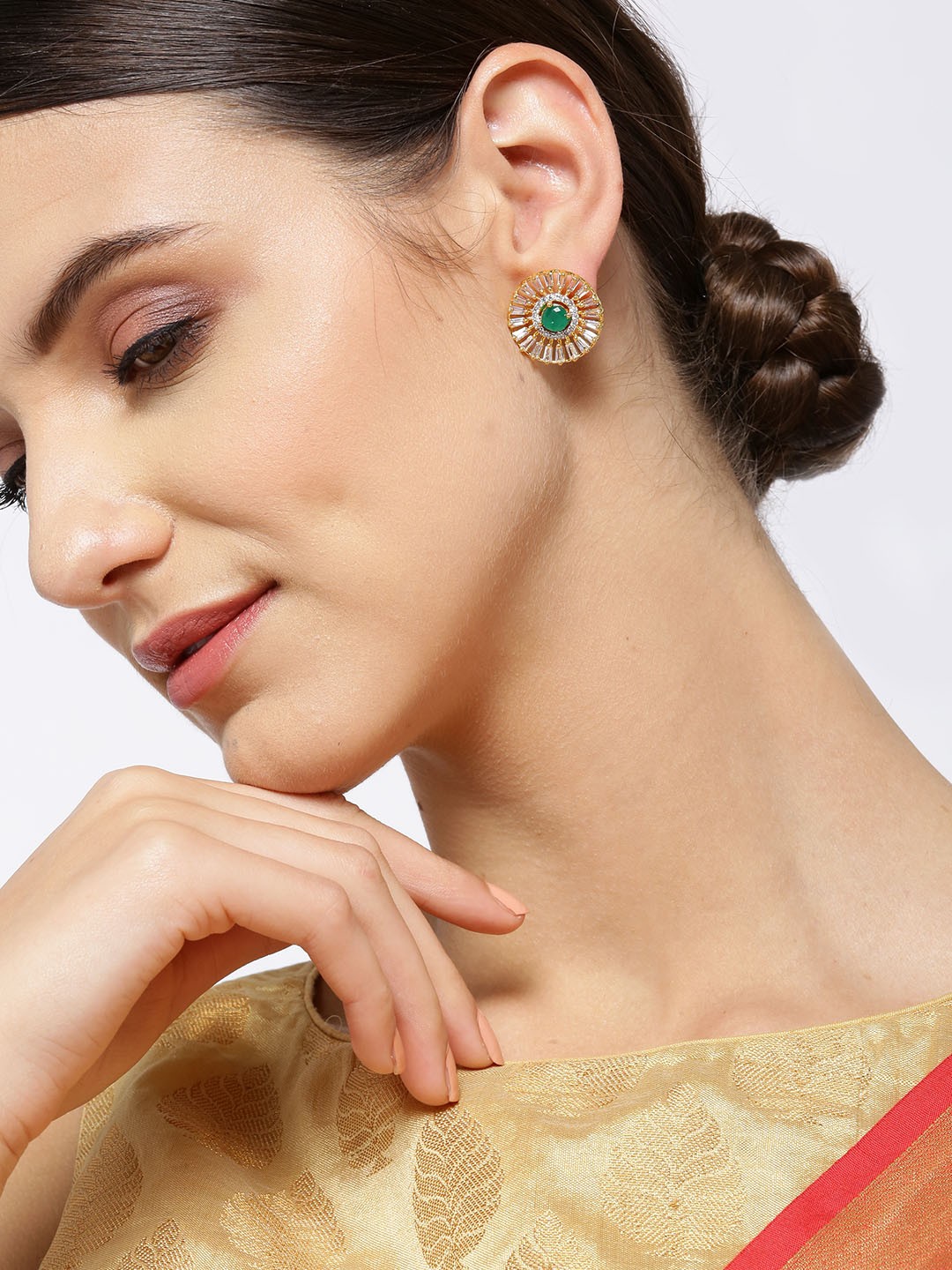 

Priyaasi Green Gold-Plated AD & CZ Studded Handcrafted Circular Studs