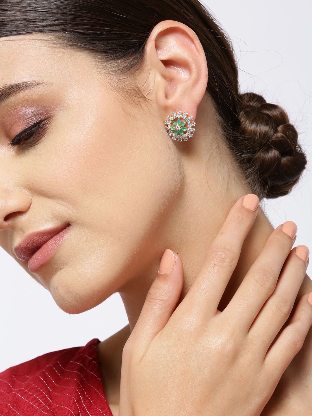 

Priyaasi Green Gold-Plated Stone-Studded Handcrafted Floral Studs