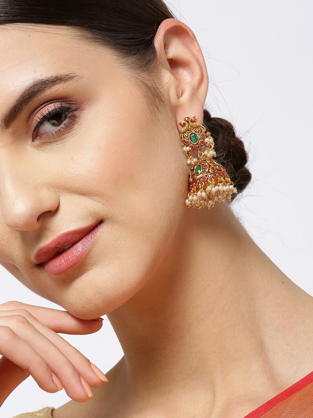 

Priyaasi Maroon & Green Antique Gold-Plated Stone-Studded Dome-Shaped Jhumkas