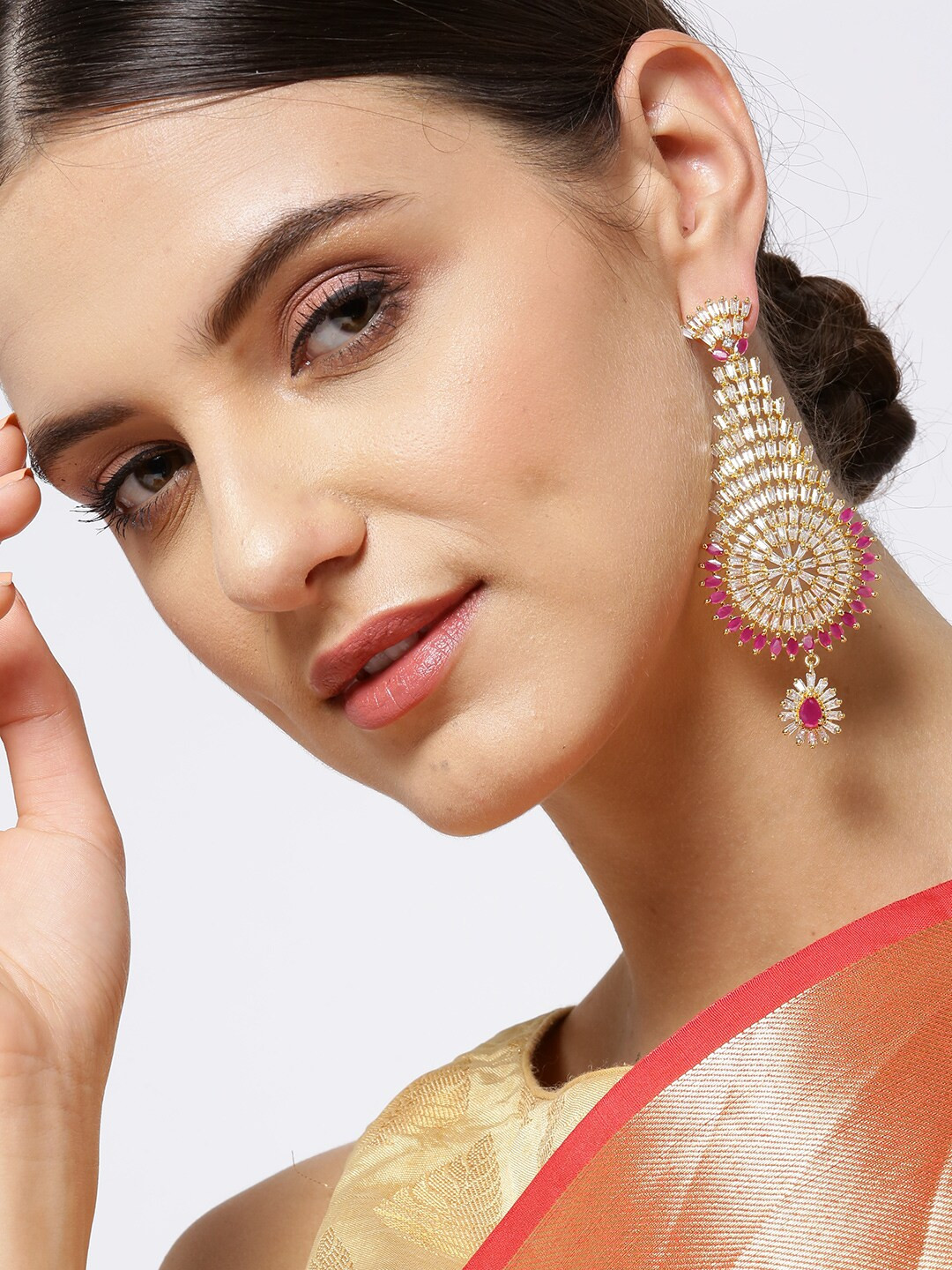 

Priyaasi Magenta Gold-Plated CZ-Studded Handcrafted Classic Drop Earrings