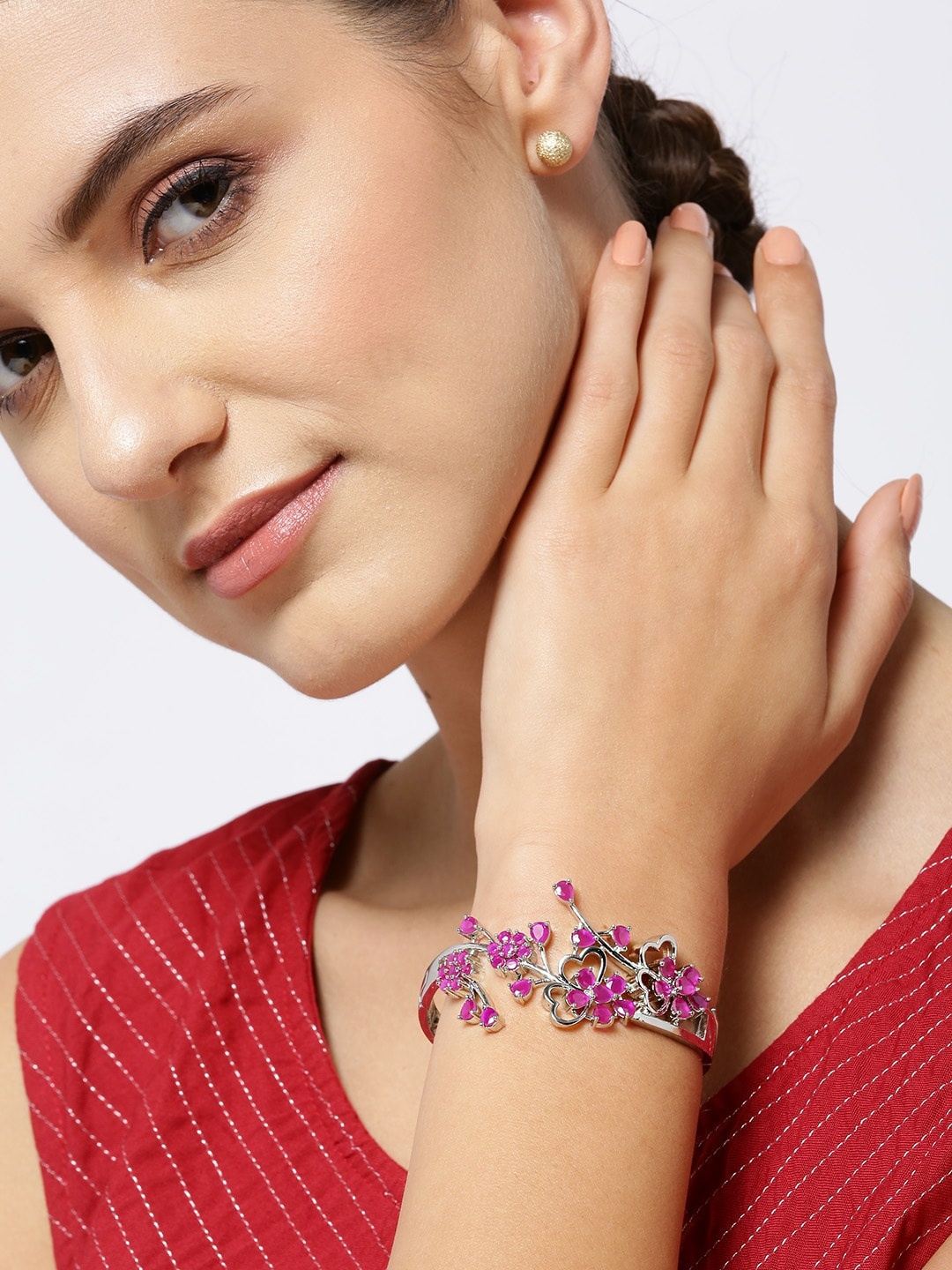 

Priyaasi Magenta & Silver-Toned Rhodium-Plated Stone-Studded Handcrafted Bracelet