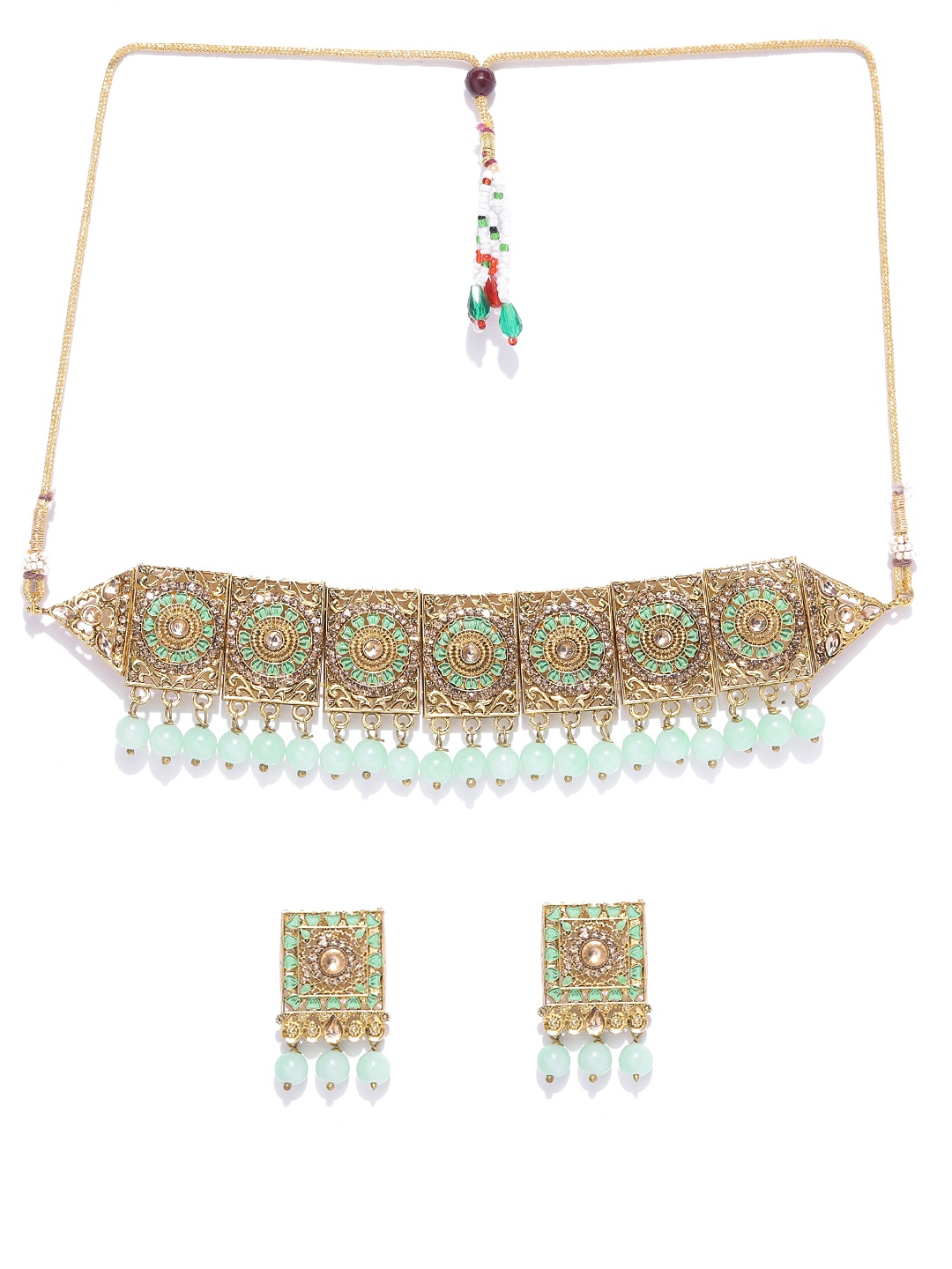 

Priyaasi Green Gold-Plated Stone-Studded & Beaded Handcrafted Jewellery Set