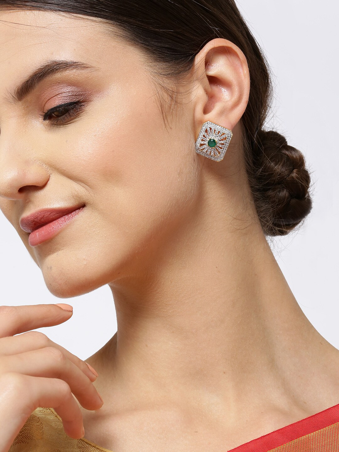 

Priyaasi Green Gold-Plated AD Studded Handcrafted Square Studs