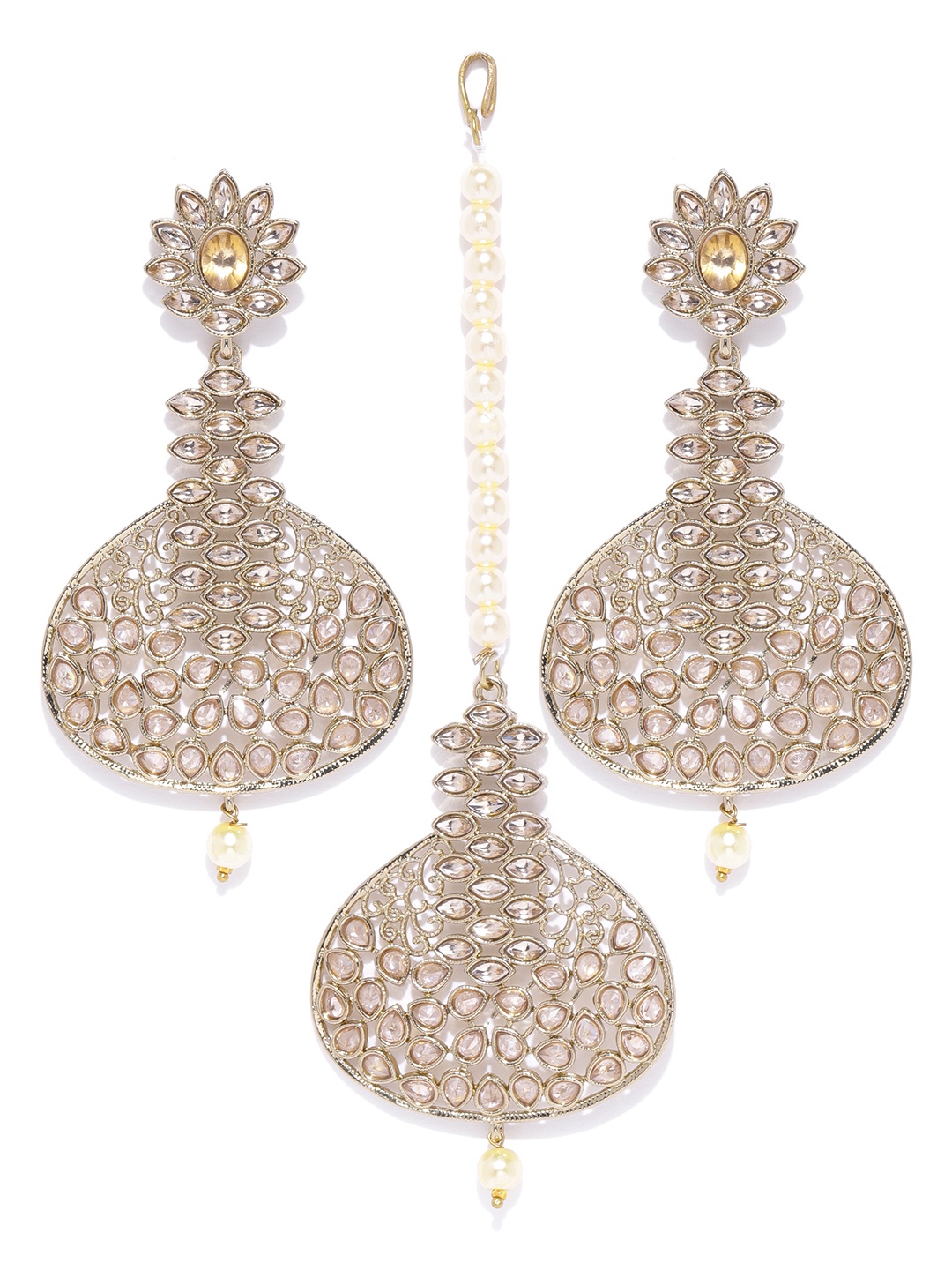 

Priyaasi Rose Gold-Toned Gold-Plated Stone-Studded Handcrafted Maang Tikka with Earrings