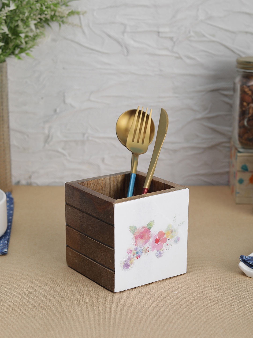 

VarEesha White & Brown Floral Printed Mango Wood Cutlery Holder & Spoon Holder