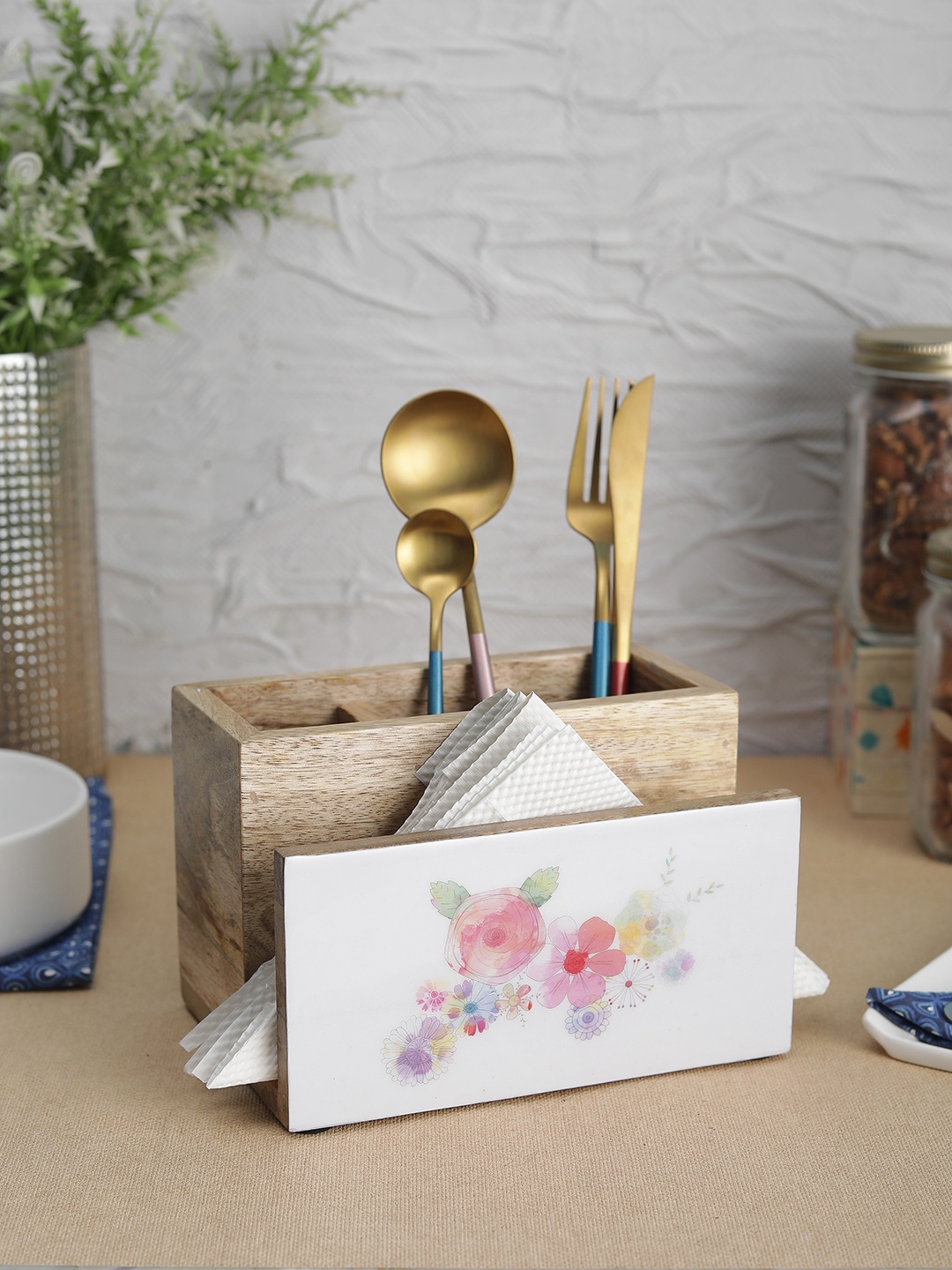 

VarEesha White Floral Delight Mango Wood Napkin and Spoon Holder