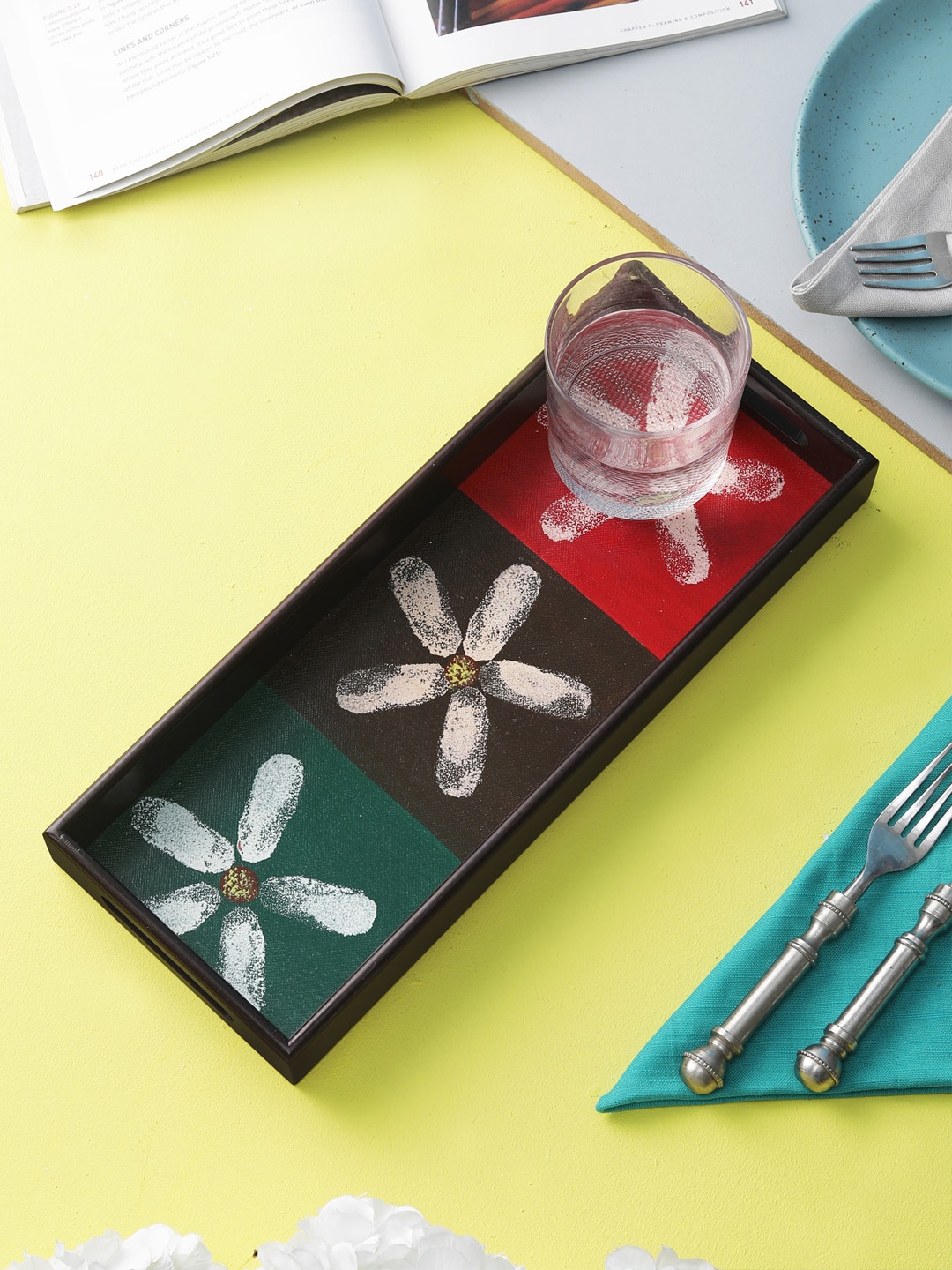 

VarEesha Black & Green Thumbprint Flowers Handmade Wooden Serving Tray