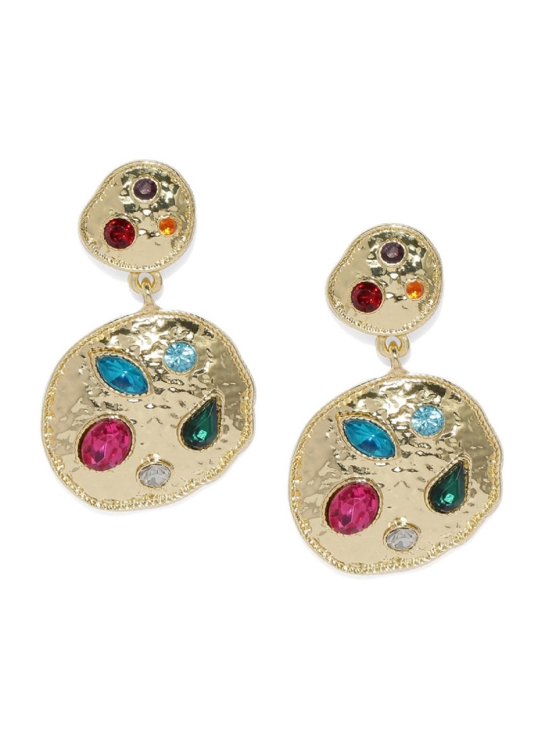 

ToniQ Gold-Toned Circular Stone-Studded Drop Earrings