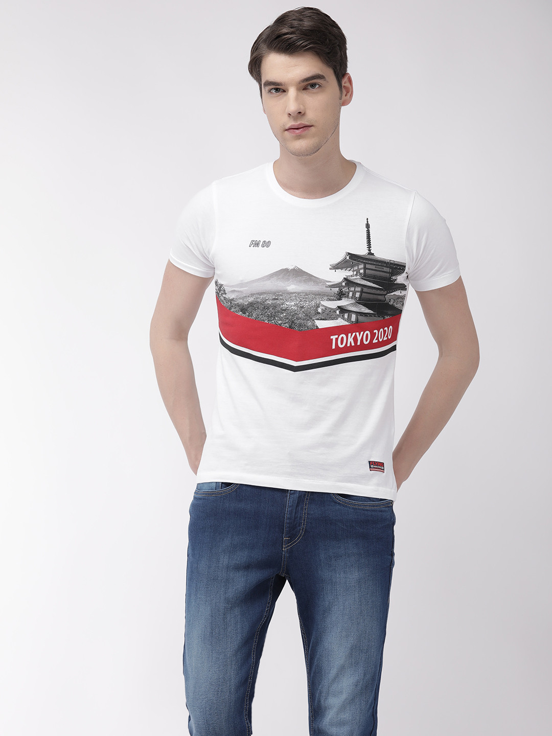 

Flying Machine Men White & Black Printed Round Neck T-shirt