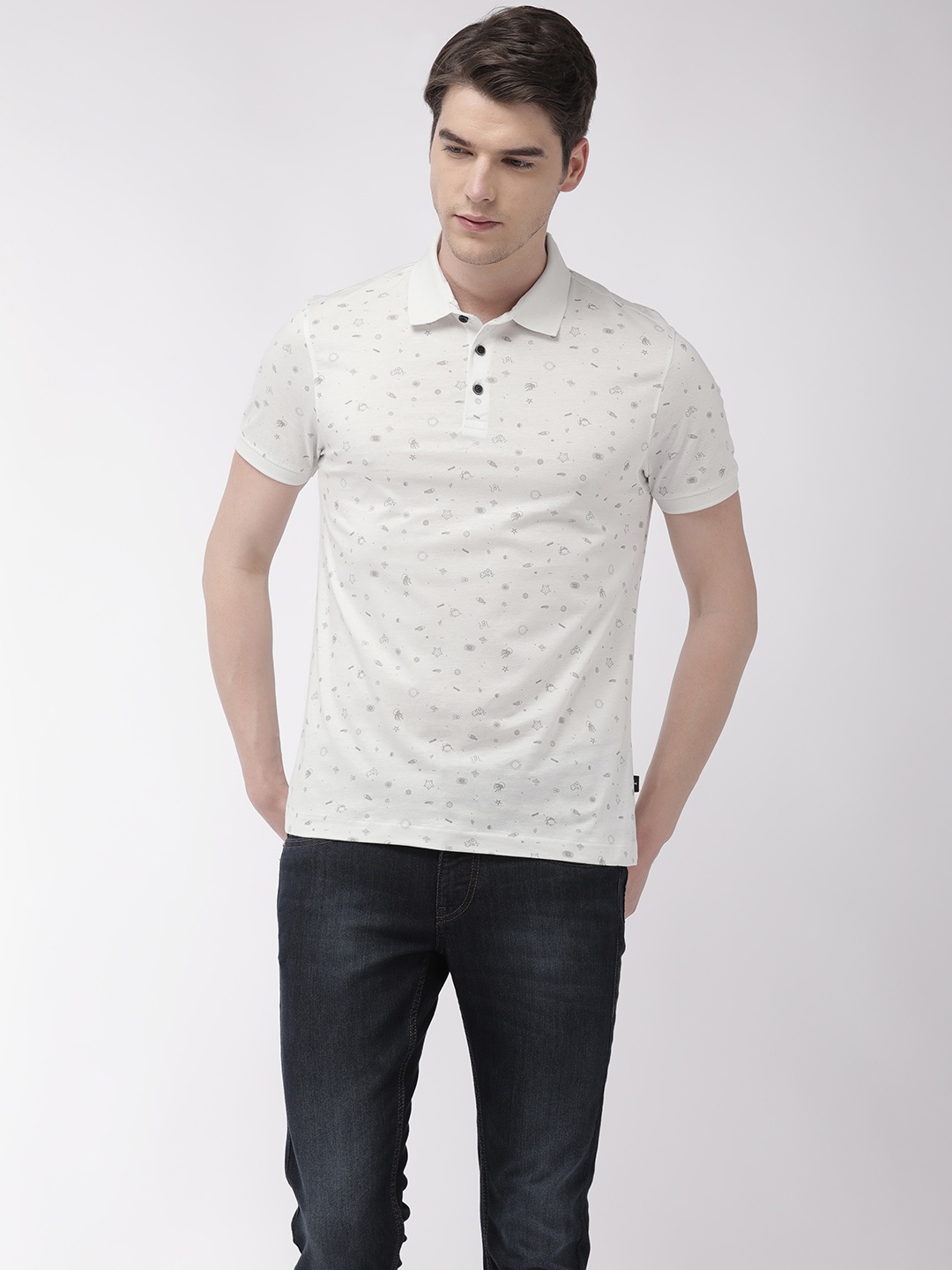 

Flying Machine Men White & Grey Slim Fit Printed Polo Collar T-shirt