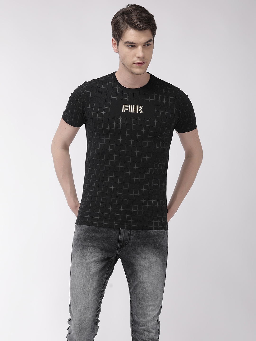 

Flying Machine Men Black Slim Fit Printed Round Neck Pure Cotton T-shirt