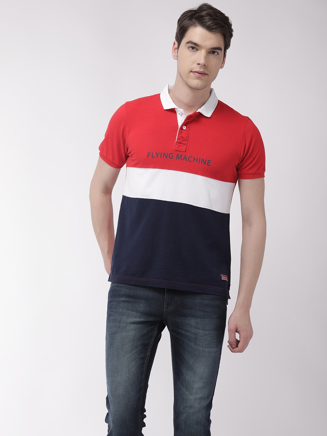 

Flying Machine Men Red Colourblocked Slim Fit Polo Collar Pure Cotton T-shirt